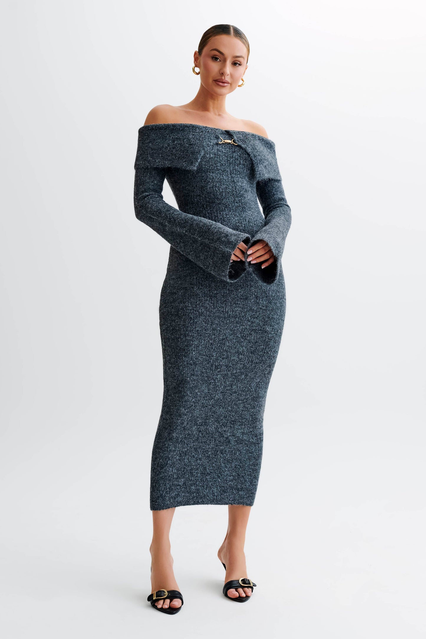 OFF SHOULDER KNIT MIDI DRESS